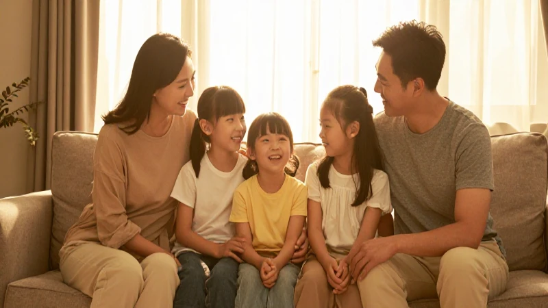 Familia feliz en cálida sala acogedora