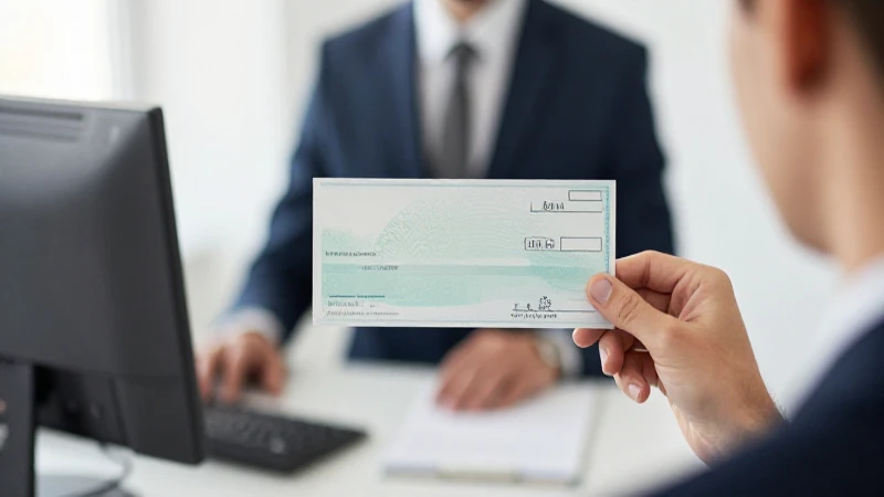 Persona con cheque frente a cajero bancario