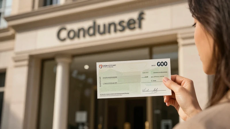 Mujer sostiene cheque frente a banco