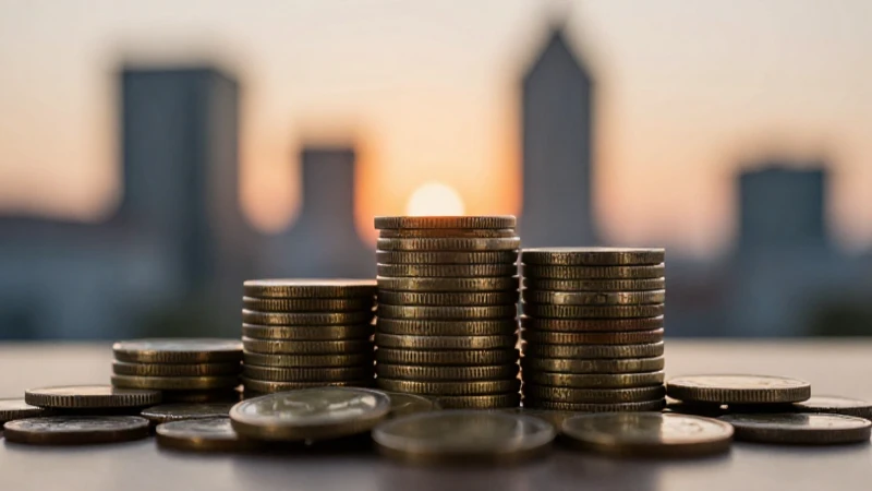 Monedas apiladas, fondo urbano difuso.