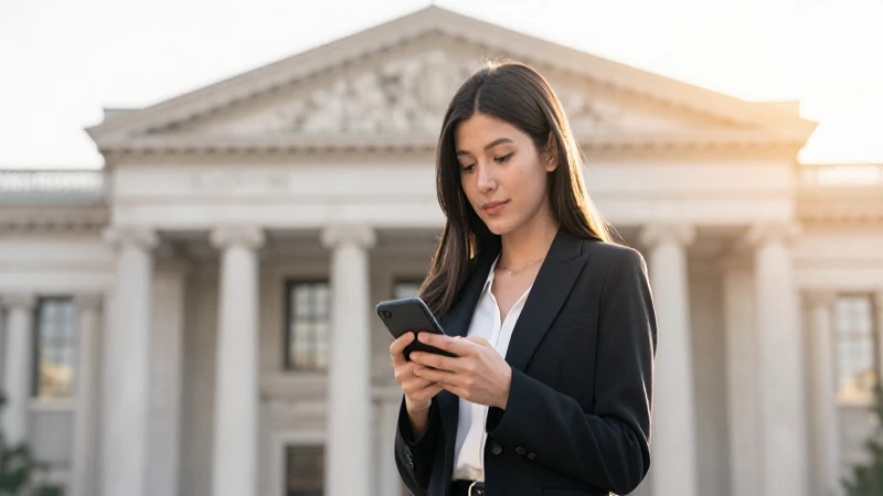 Mujer con teléfono frente a un banco