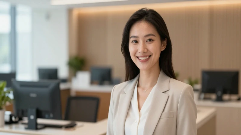 Mujer sonriente en moderno banco iluminado.