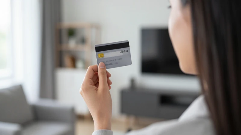 Mujer sostiene tarjeta en moderno apartamento.