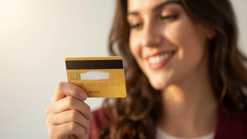 Mujer sonríe, tarjeta, luz dorada y cálida