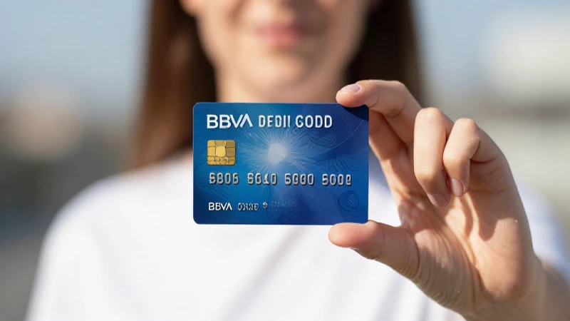 Mujer sostiene tarjeta BBVA a pleno sol