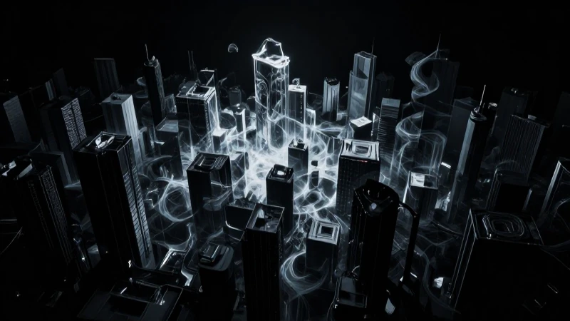 Ciudad futurista digital, oscura y fracturada