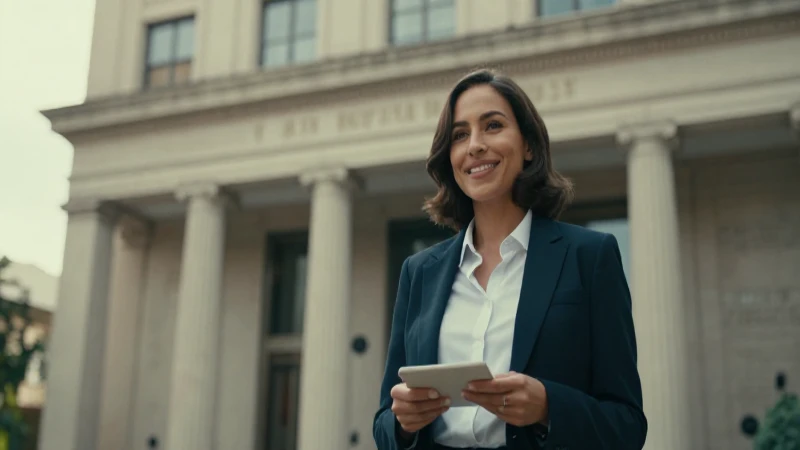 Mujer sonríe frente al banco, luz suave.
