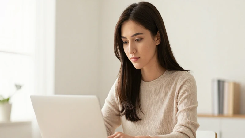 Mujer joven usa laptop bajo luz cálida.