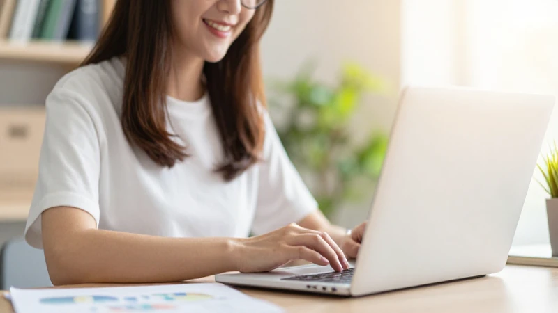 Joven trabaja freelance con ordenador, brillante y cálido