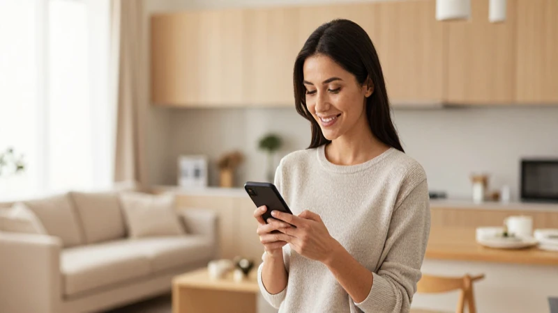 Mujer usa smartphone en apartamento moderno