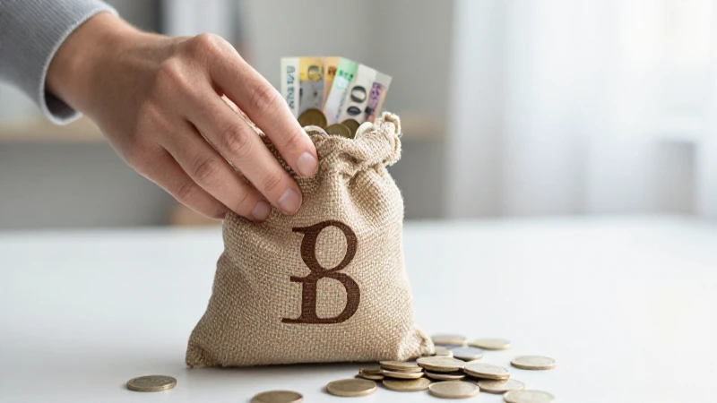 Contando monedas, la bolsa rebosa dinero.