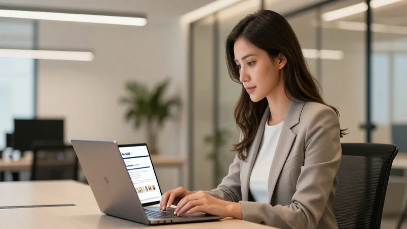 Mujer revisa portátil, oficina moderna, y recursos CONDUSEF.