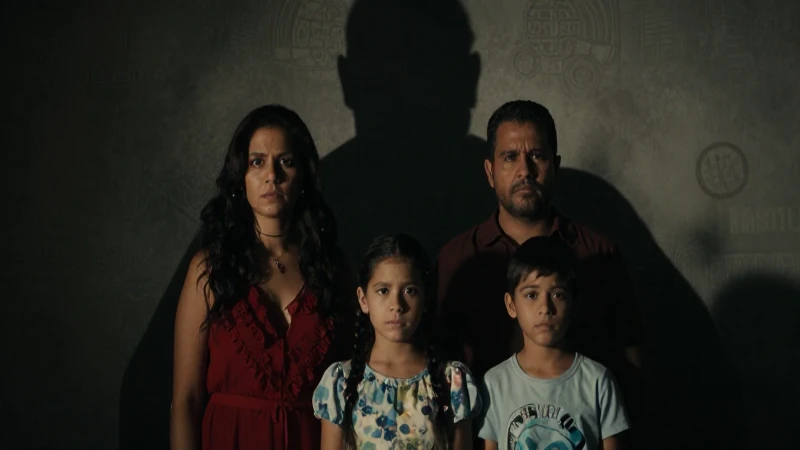 Familia mexicana angustiada, sombra económica, dramatismo intenso