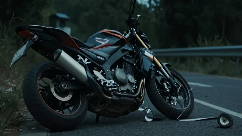 Motocicleta accidentada, iluminación cinematográfica y dramática