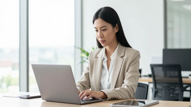 Mujer profesional usa laptop en oficina.