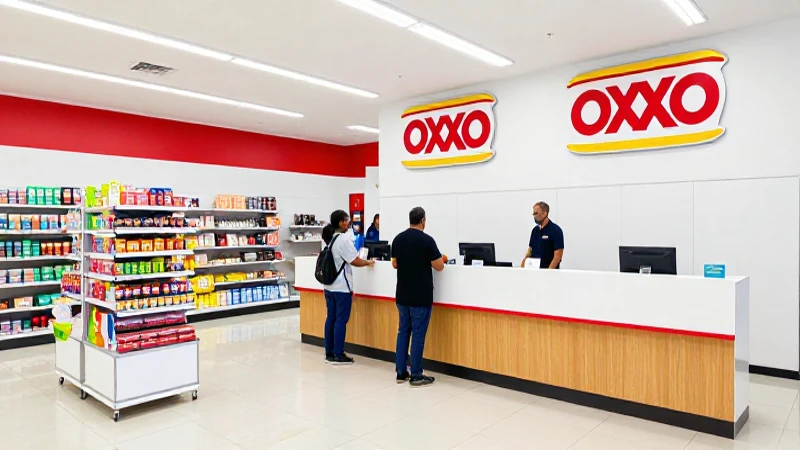 Interior de OXXO, cliente pagando, moderno y limpio