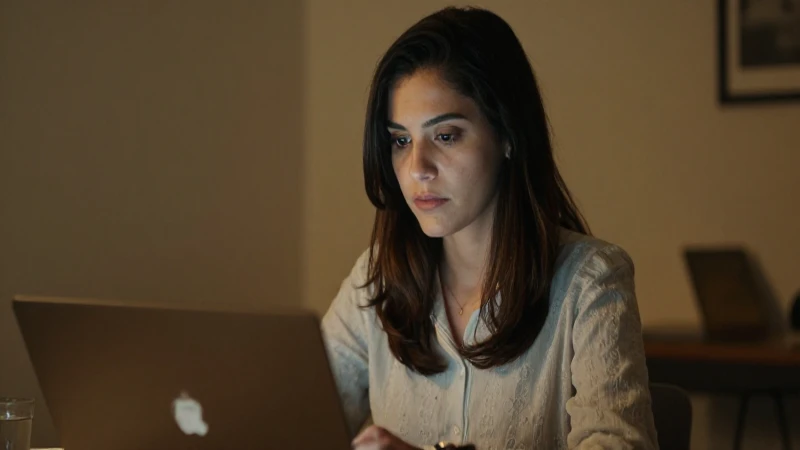 Mujer seria, laptop, iluminación cinematográfica cálida.