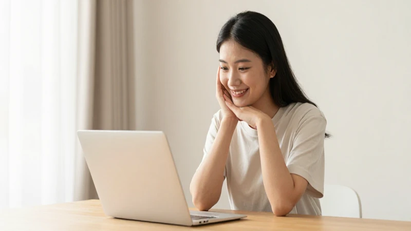 Mujer sonríe, laptop sobre mesa, luz cálida