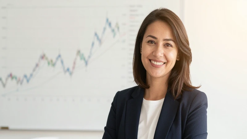 Conoces la Guía de Contenido Financiera Durango para tu Seguridad 10 Mujer sonríe frente a gráficos financieros.
