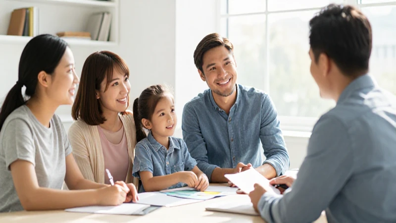 Familia feliz con asesor financiero sonriendo