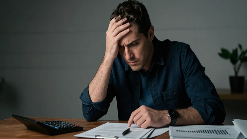 Hombre preocupado, calculadora, y estafa financiera