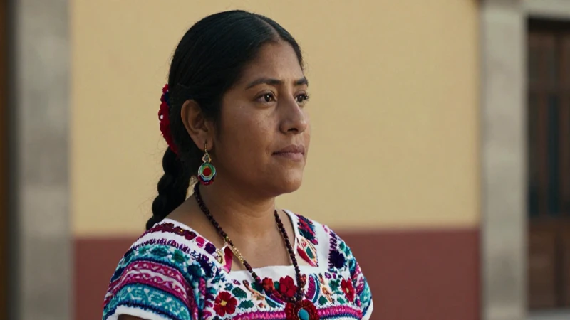 Mujer oaxaqueña, vestimenta tradicional, luz cálida.