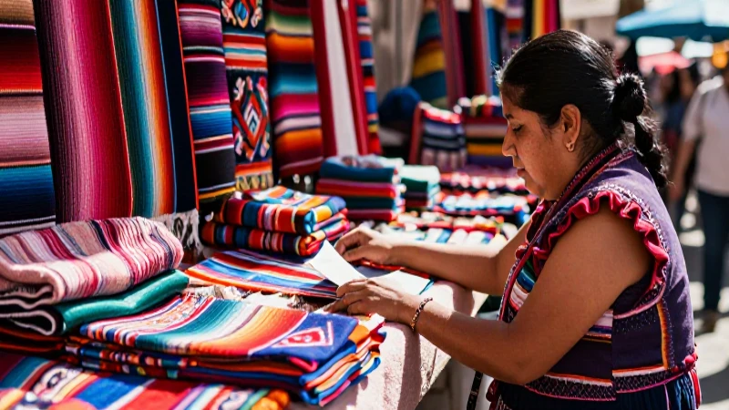 Textiles oaxaqueños vibran bajo luz cálida