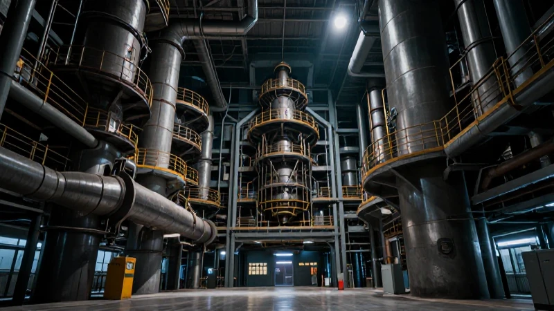Arquitectura futurista bajo iluminación cinematográfica industrial