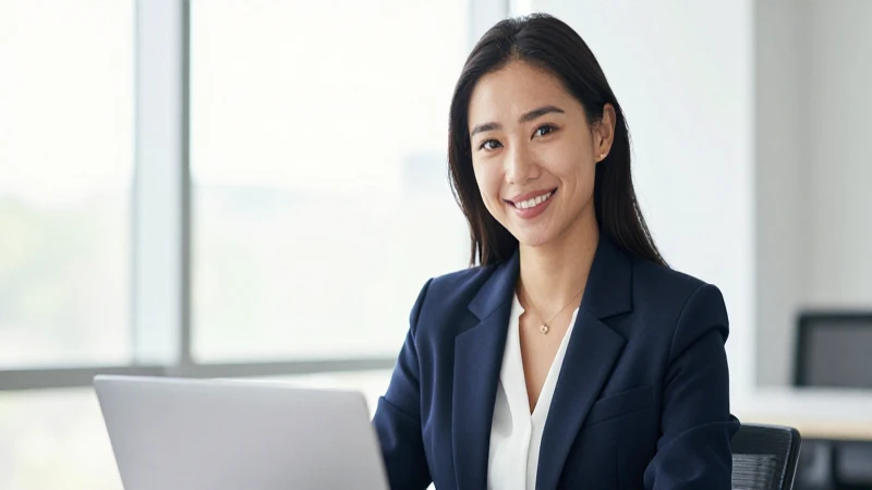 Retrato de mujer sonriendo con su laptop
