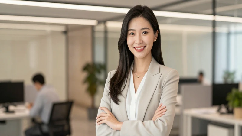Mujer de negocios sonriendo en oficina iluminada