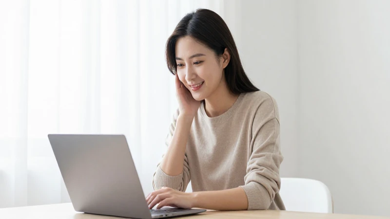 Mujer sonriendo con laptop, luz suave