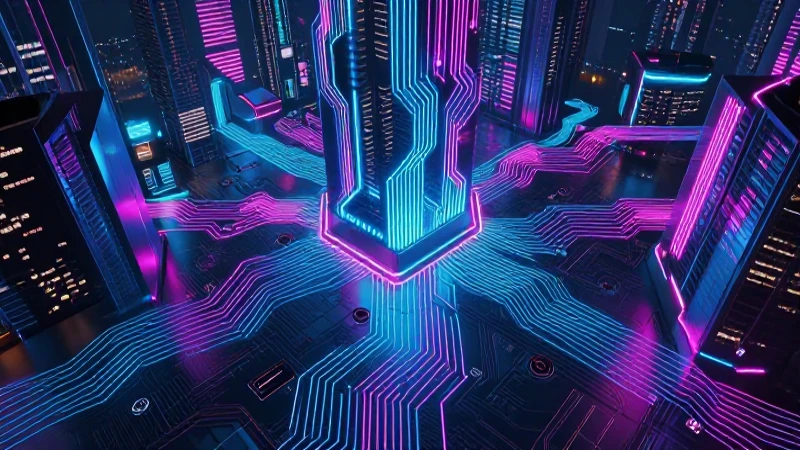 Ciudad futurista, luces de neón, vibrante y cinematográfico
