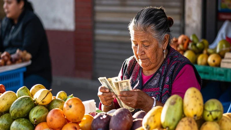 Mujer vende fruta bajo luz cálida