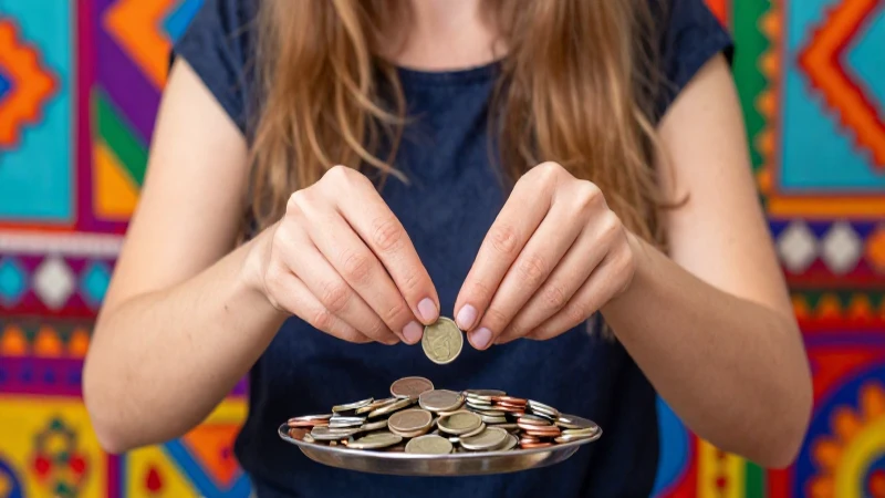 Mujer cuenta monedas, estilo folclórico vibrante