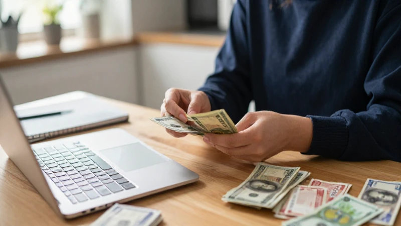 Mujer contando dinero en mesa desordenada