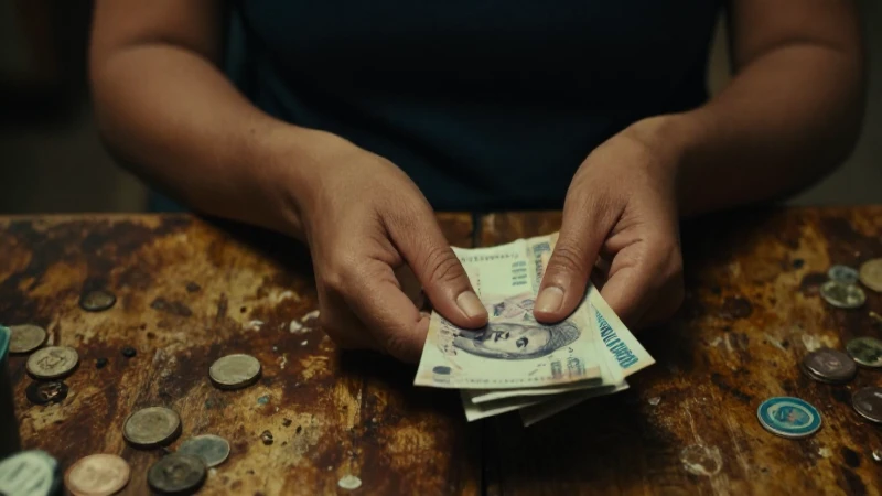 Mujer cuenta pesos bajo luz cinematográfica.