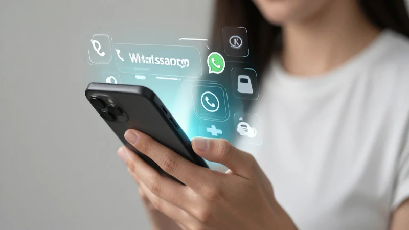 Mujer usa smartphone con interfaz futurista