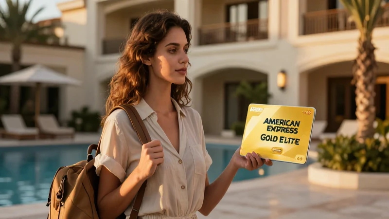 Cuáles son los beneficios y requisitos de American Express Gold Elite 11 Viajadora en resort, luz dorada cinematográfica.