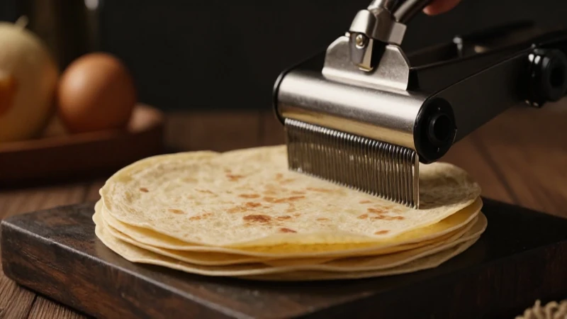 Tortillas en prensa, luz cálida, cinematográfico.