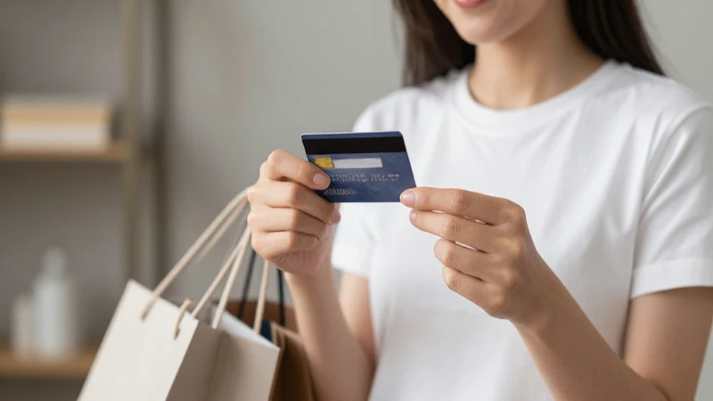 Mujer compra con tarjeta en interior moderno