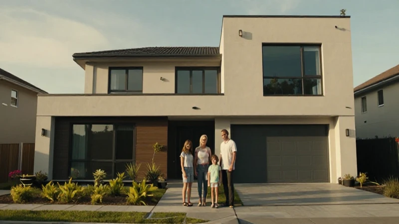 Casa moderna, familia feliz, luz cálida.