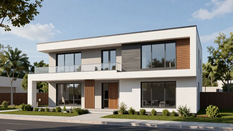 Fachada soleada de casa moderna, arquitectura amplia