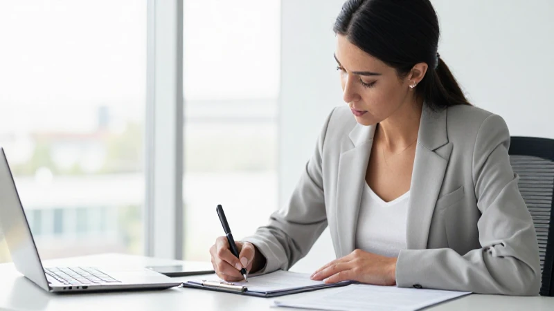 Mujer completa un formulario con luz natural.