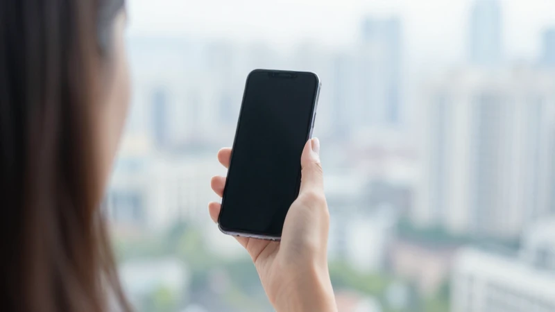Mujer sostiene smartphone, fondo difuminado