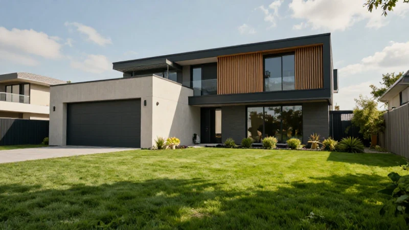 Casa moderna, césped verde, luz diurna cinematográfica