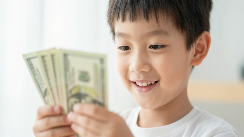 Niño sonriente con dinero, ambiente alegre