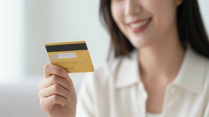Mujer sonríe con tarjeta de crédito