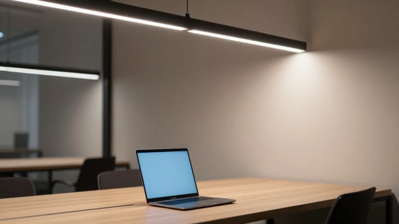 Oficina iluminada con portátil, foto realista