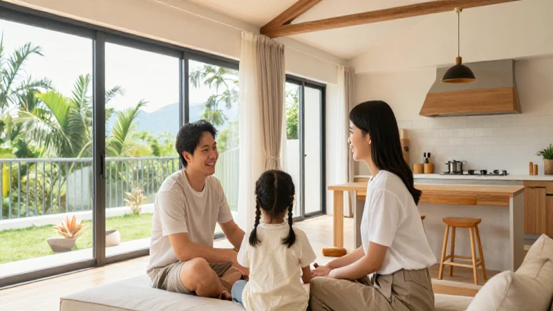Familia feliz en acogedor alojamiento moderno