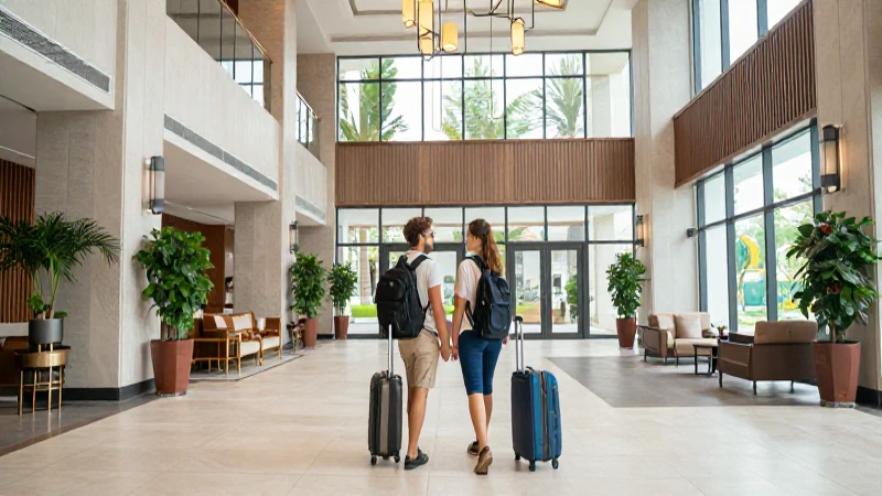 Pareja turista en lobby moderno y luminoso